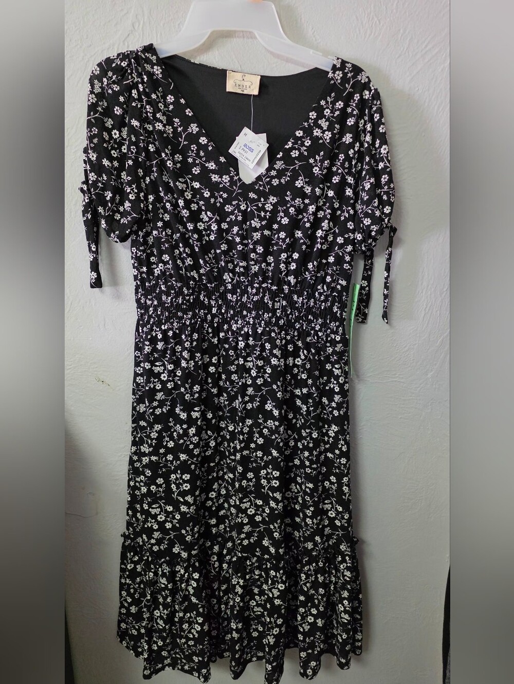 Black Floral Midi Dress with Smocked Waist and Tie Sleeves